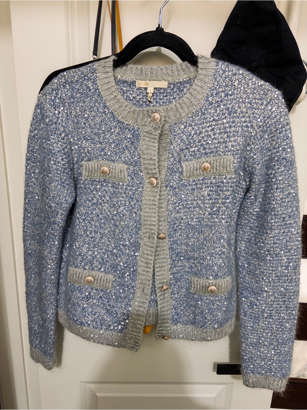 Maje Light Blue Metallic Tweed Cardigan with Gold Buttons